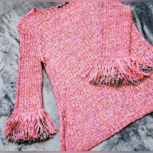 Nic + Zoe Pink & Red Airy Macrame Ribbon Knit Fringe Sweater, Medium Size, - Picture 13 of 16